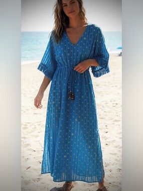 Sundress  Boho Teal Sundress with Golden Stars and beaded tassels